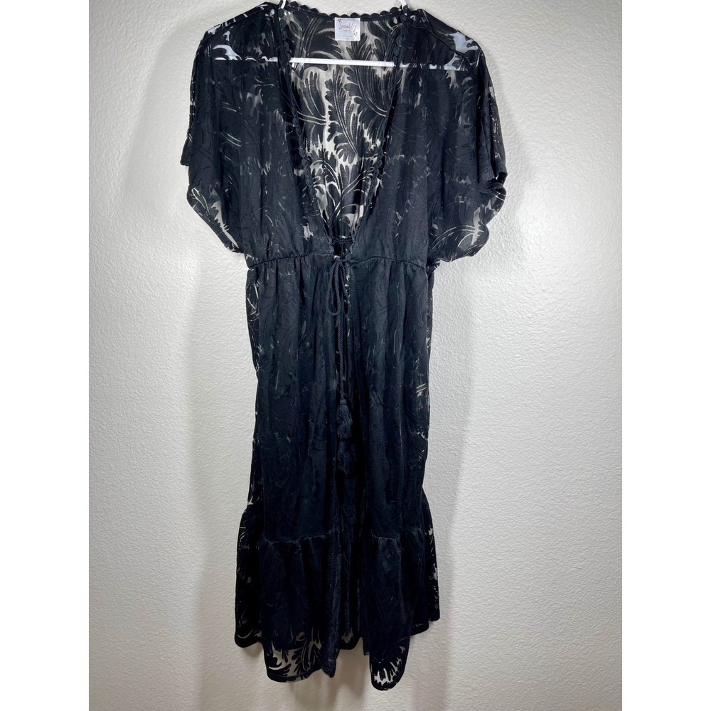 Sirenlily Maternity Black Floral Lace Tie Kimono Cover Up Medium witchy beach